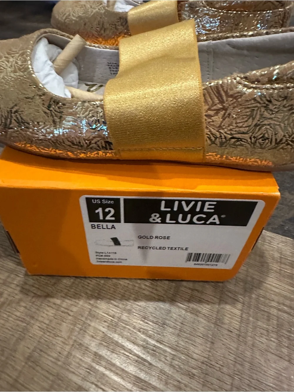 Livie & Luca Girls' Metallic Gold Embossed Mary Janes with Bow Strap